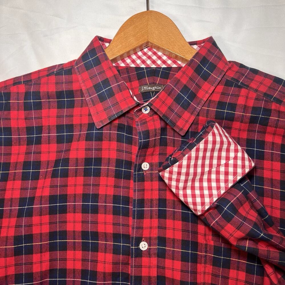 J.McLaughlin Shirt Mens Size XL Red Navy Plaid Button Long Sleeve Gingham Trim